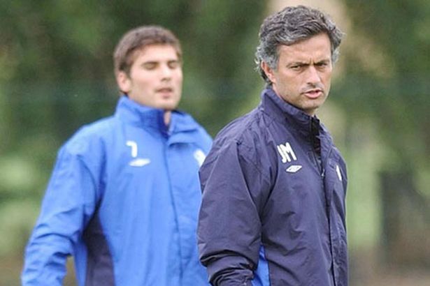 Jose Mourinho with Adrian Mutu at the training ground ahead of their opening game of the season against Manchester United on Sunday in August 2004