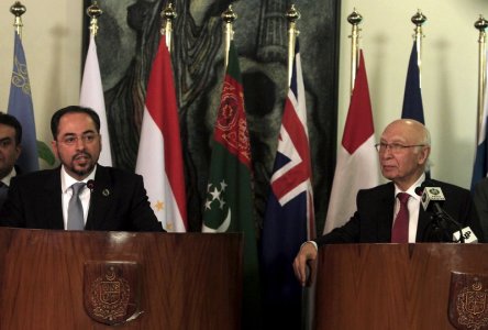 Afghanistan's Foreign Minister Salahuddin Rabbani speaks with Pakistan's Advisor to Prime Minister for Foreign Affairs Sartaj Aziz during a joint news conference at the foreign ministry in Islamabad Pakistan
