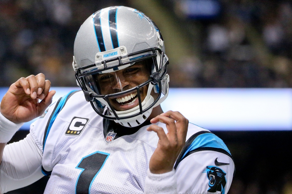 Dec 6 2015 New Orleans LA USA Carolina Panthers quarterback Cam Newton celebrates a touchdown against the New Orleans Saints during the second half of a game at Mercedes Benz Superdome. The Panthers defeated the Saints 41-38. Mandatory Credit De