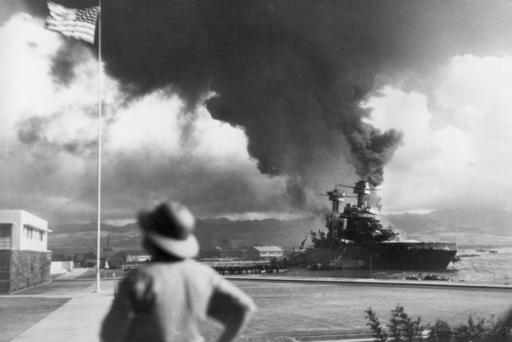 American ships burn during the Japanese attack on Pearl Harbor Hawaii on Dec. 7 1942