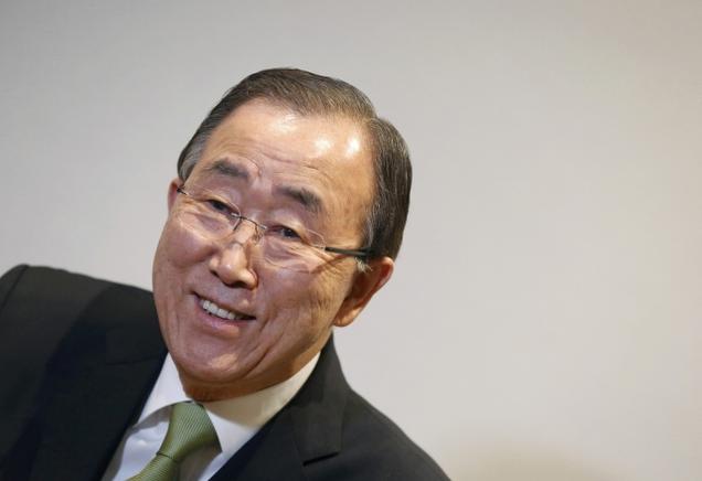 United Nations Secretary General Ban Ki-moon reacts during an interview with Reuters during the World Climate Change Conference 2015 in Le Bourget near Paris France