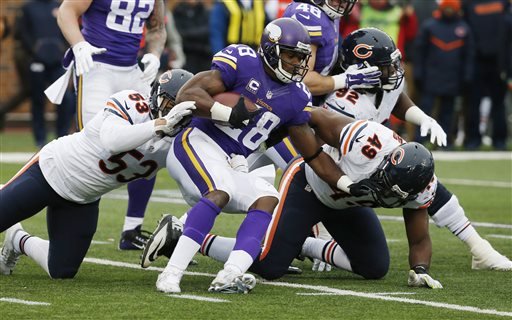 Minnesota Vikings running back Adrian Peterson is stopped by Chicago Bears linebacker John Timu and outside linebacker Sam Acho during the second half of an NFL football game Sunday Dec. 20 2015 in Minneapolis