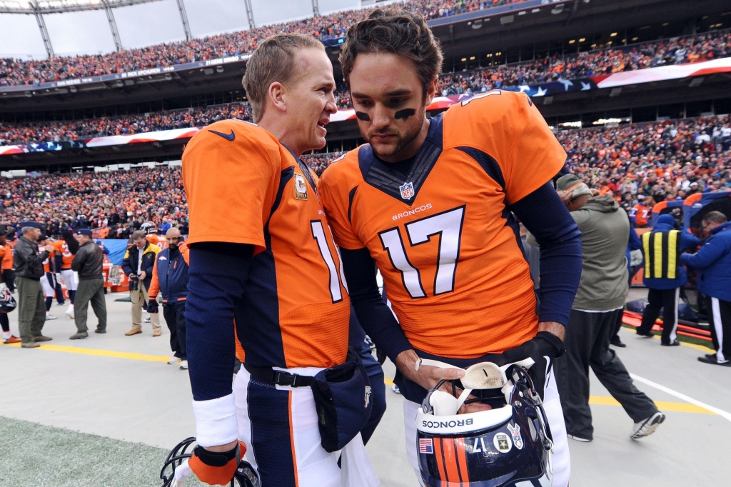 Peyton Manning left and Brock Osweiler- Ron Chenoy-USA TODAY Sports