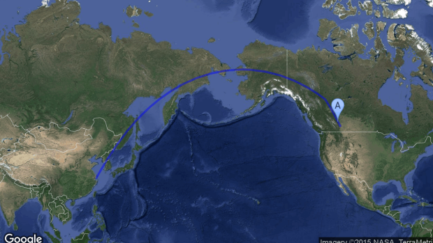 The flight path of Air Canada flight 88 which departed from Shanghai China and is landing in Calgary to treat passengers injured during turbulence