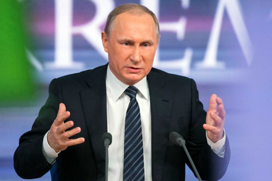 Russian President Vladimir Putin speaks during his annual news conference in Moscow Russia Thursday Dec. 17 2015. President Vladimir Putin says Turkey acted contrary to its own interests by downing a Russian warplane. Speaking at a televised news conf