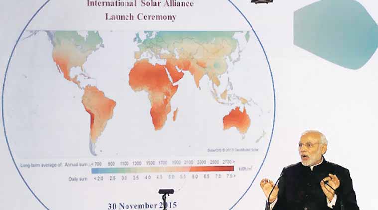 Prime Minister Narendra Modi speaks at the launch of the International Solar Alliance in Paris on November 30