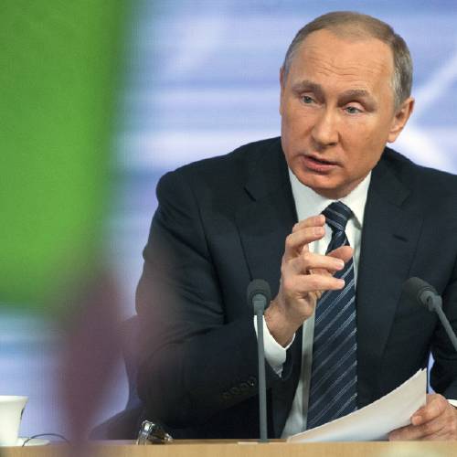 Vladimir Putin speaks during his annual news conference in Moscow Russia Thursday Dec. 17 2015. Putin says that Russia's economy is showing signs of stabilization despite plummeting oil prices. Putin speaking Thursday