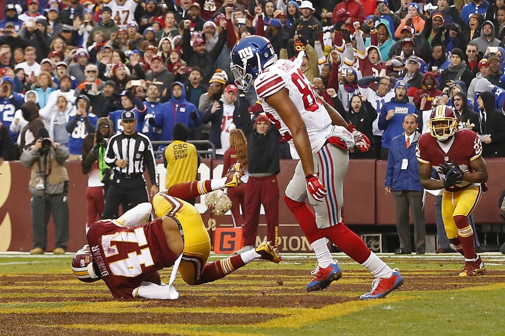 Quinton Dunbar intercepted this pass intended for Rueben Randle on Sunday- Geoff Burke-USA TODAY Sports