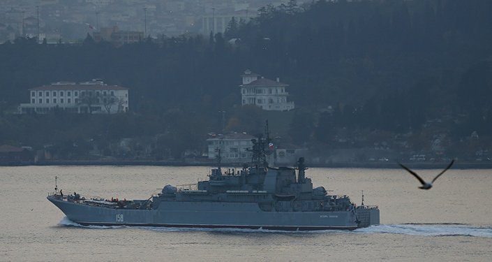 The Russian Navy's large landing ship Caesar Kunikov sets sail in the Bosphorus towards the Black Sea in Istanbul Turkey