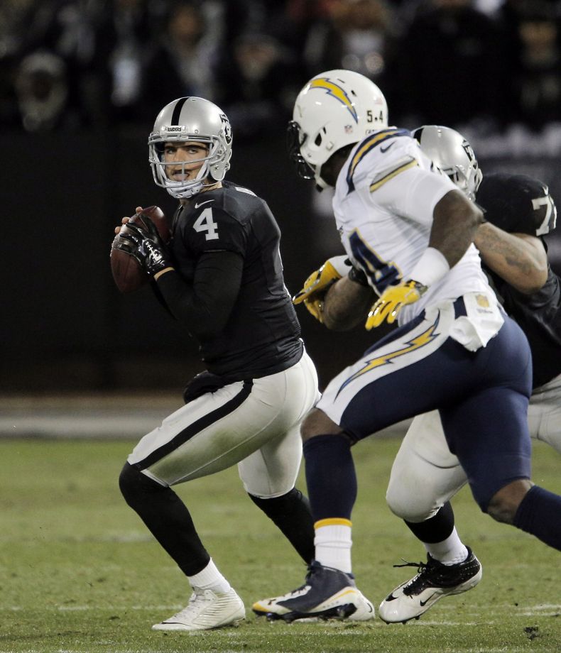 Derek Carr looks down field as he tries to make a play late in the second quarter as the Oakland Raiders played the San Diego Chargers