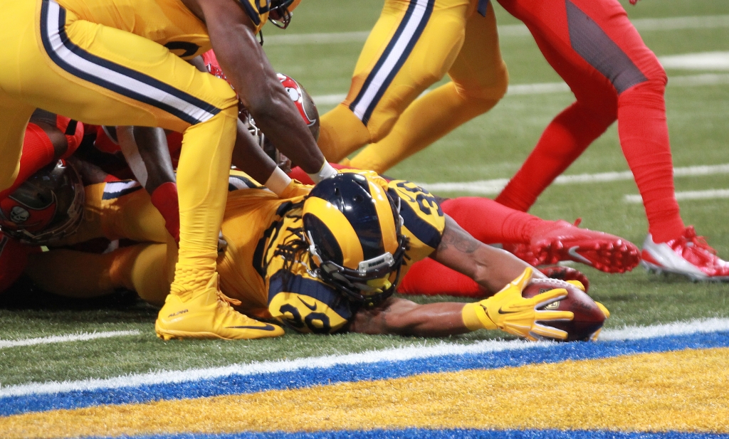 St. Louis Rams Todd Gurley breaks the plane with the football for a touchdown against the Tampa Bay Buccaneers in the second quarter at the Edward Jones Dome in St. Louis