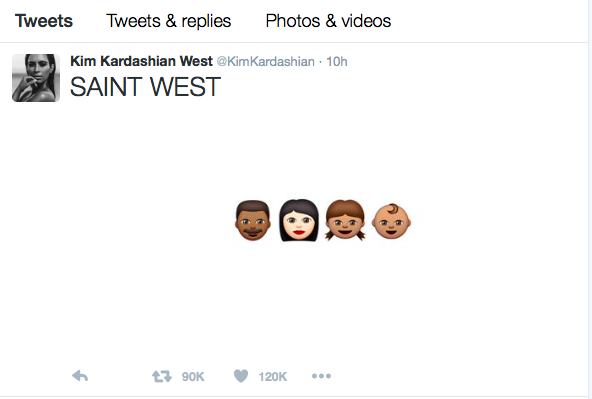 Rapper Kanye West and reality TV star Kim Kardashian's announcement of their second child Saint. – Twitter screenshot