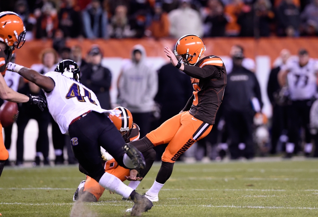 CLEVELAND OH- NOVEMBER 30 Travis Coons #6 of the Cleveland Browns has his field goal blocked during the fourth quarter against the Baltimore Ravens First Energy Stadium