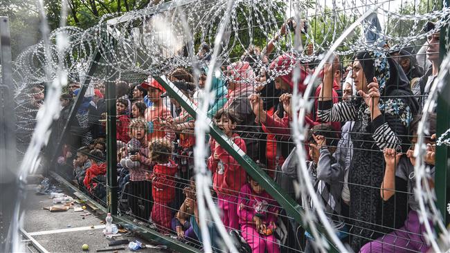 Refugees stand behind a fence at the Hungarian border with Serbia near the town of Horgos