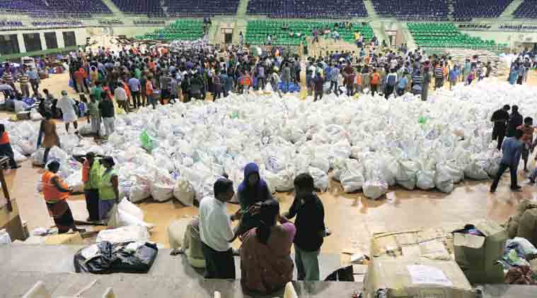 Relief parcels at the stadium on Monday