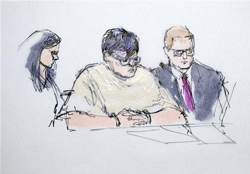 In this artist's sketch Enrique Marquez center appears in federal court in Riverside Calif. Thursday Dec. 17 2015. Marquez 24 was charged Thursday with conspiring to provide material support to terrorists for plotting with gunman Syed Rizwan