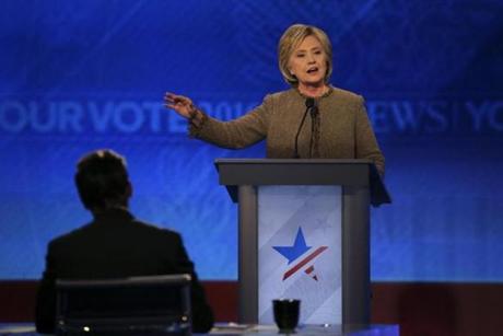 Hillary Clinton spoke during the Democratic presidential primary debate at Saint Anselm College in Manchester N.H