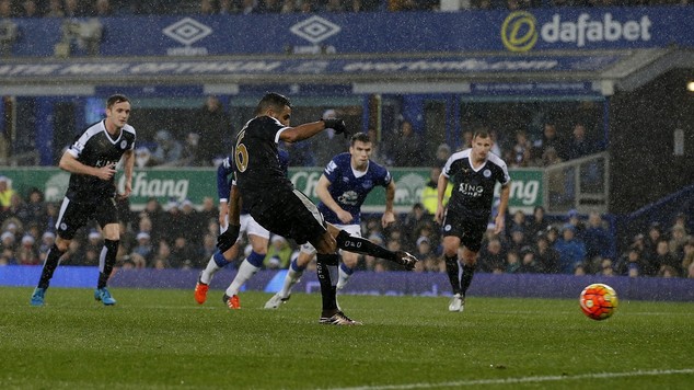 Riyad Mahrez centre scores his first penalty against Everton