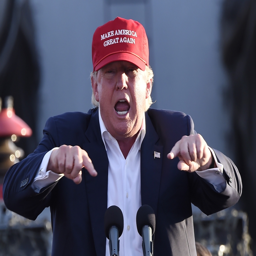 Republican presidential candidate Donald Trump gives a national security speech aboard the World War II Battleship USS Iowa