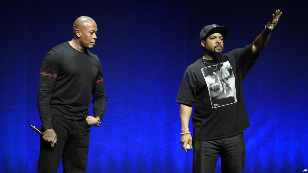 FILE- Los Angeles rap group N.W.A. members Dr. Dre left and Ice Cube join a quartet of 1970s-era FM radio rockers as inductees in the 2016 class at the Rock and Roll Hall of Fame announced Dec. 17 2015