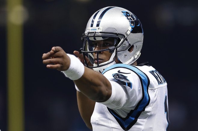 Carolina Panthers quarterback Cam Newton reacts in the first half of an NFL football game against the New Orleans Saints in New Orleans Sunday Dec. 6 2015