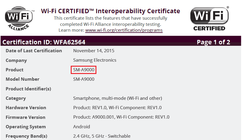 Samsung Galaxy A9 Stops By WiFi Alliance Release Date Approaching