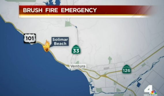 Screenshot from KNBC video showing location of Solimar Beach fire in Ventura County on Dec. 26 2015