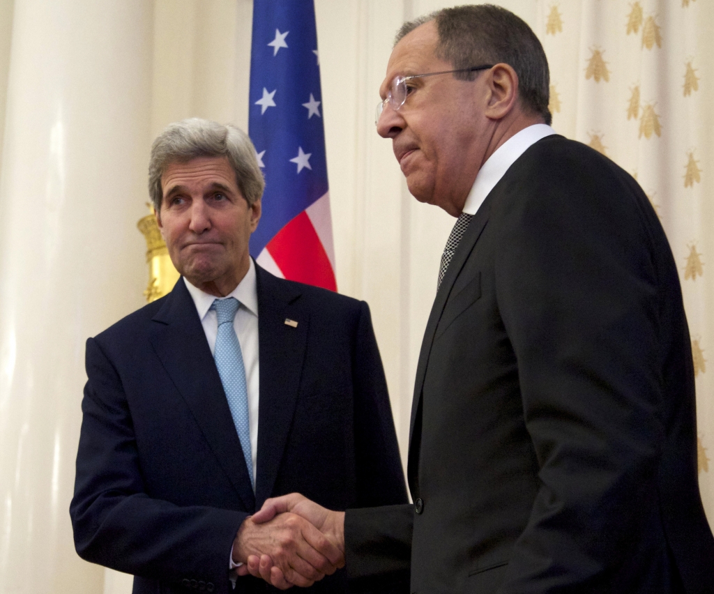 Secretary of State John Kerry shakes hands with Russian Foreign Minister Sergey Lavrov in Moscow on Tuesday