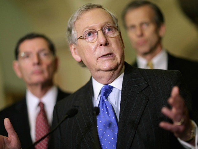 Senate Majority Leader Mitch Mc Connell talks to reporters following the weekly Senate GOP policy luncheon at the U.S. Capitol