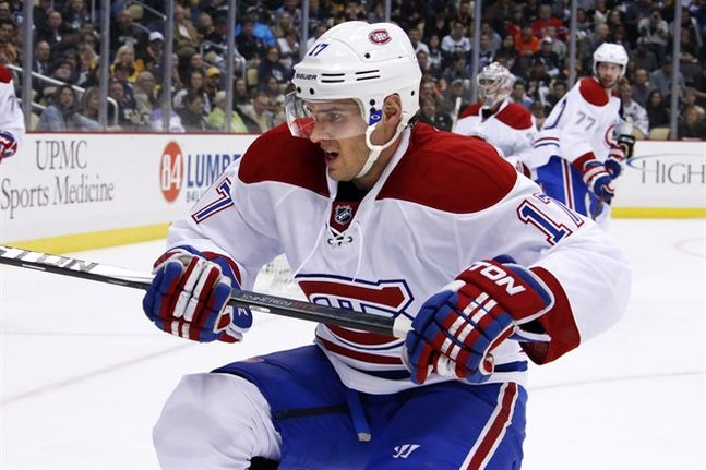 Montreal Canadiens center Torrey Mitchell plays during an NHL hockey game against the Pittsburgh Penguins in Pittsburgh Tuesday Oct. 13 2015. That centre Torrey Mitchell is set to return and Brendan Gallagher skated albeit without handling the puc