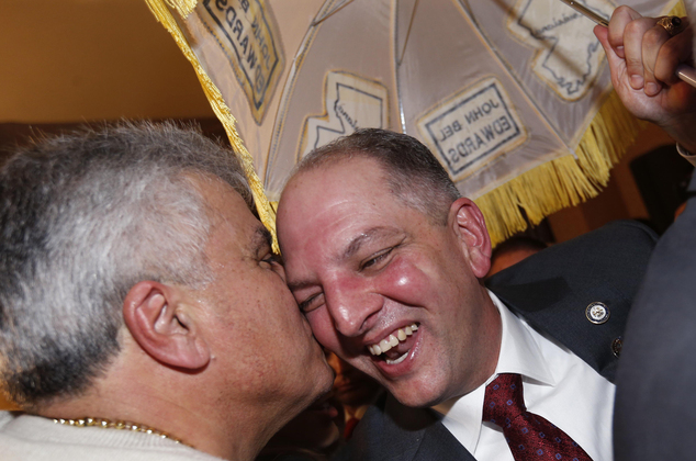 Louisiana Gov.-elect John Bel Edwards celebrates with supporters at his election night watch party in New Orleans Saturday Nov. 21 2015. Edwards won the