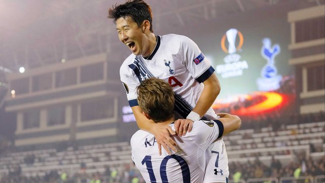 Son Heung-min celebrates with goalscorer Harry Kane in Baku