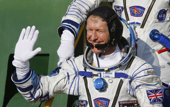 Peake member of the main crew of the mission to the International Space Station, gestures prior to the launch at the Russian leased Baikonur cosmodrome Kazakhstan Tuesday Dec. 15 2015. (AP