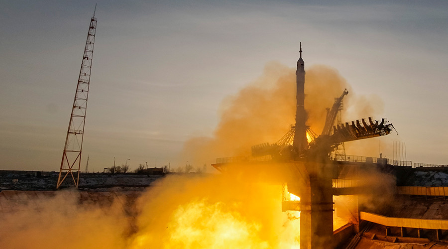 The Soyuz TMA-19M spacecraft carrying the crew of Timothy Peake of Britain Yuri Malenchenko of Russia and Timothy Kopra of the U.S. blasts off to the International Space Station from the launchpad at the Baikonur cosmodrome Kazakhstan December 15