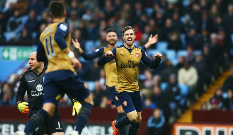 Aaron Ramsey celebrates scoring for Arsenal against Aston Villa