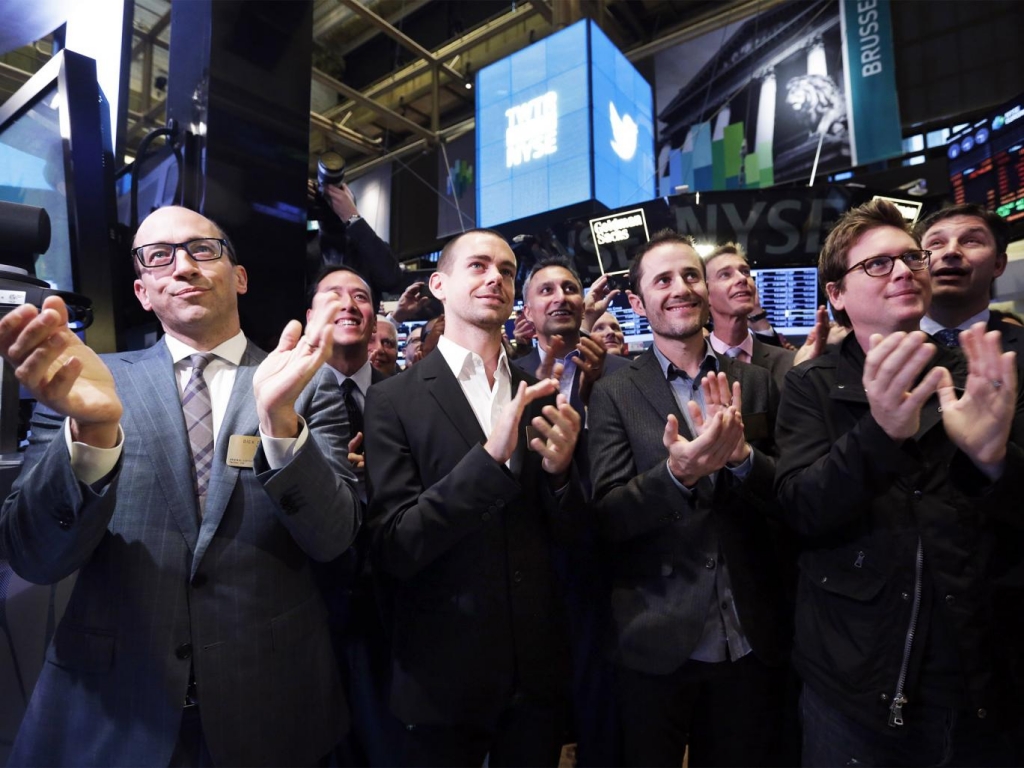 Going up Twitter’s founders including Jack Dorsey at the New York Stock Exchange