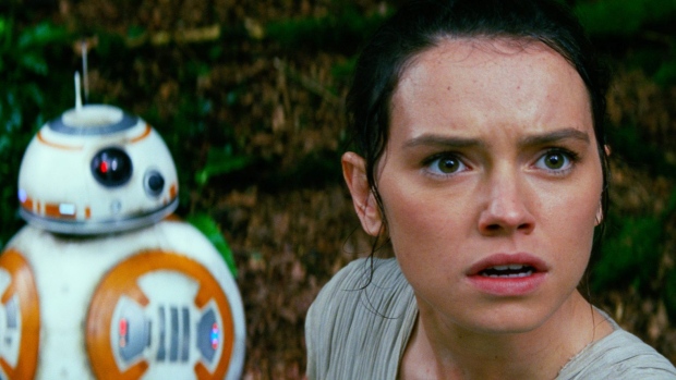 Daisy Ridley right as Rey and BB-8 in Star Wars The Force Awakens. The movie has scored Canada's most successful opening weekend