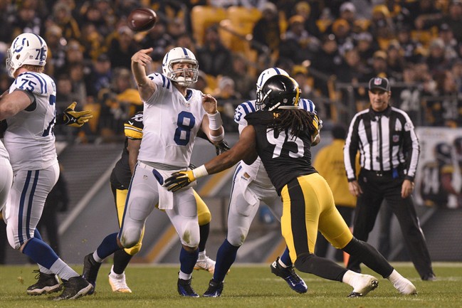 Indianapolis Colts quarterback Matt Hasselbeck passes under pressure by Pittsburgh Steelers outside linebacker Jarvis Jones during the first half of an NFL football game Sunday Dec. 6 2015 in Pittsburgh