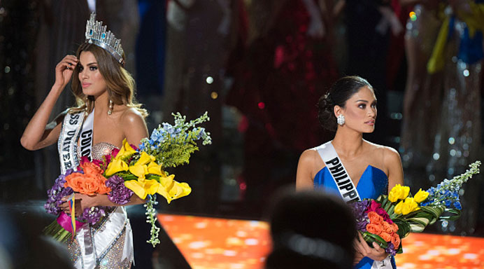 Miss Colombia 2015 Ariadna Gutierrez is mistakenly named Miss Universe 2015 instead of first runner-up during the 2015 during the 2015 MISS UNIVERSE show at Planet Hollywood Resort & Casino in Las Vegas California