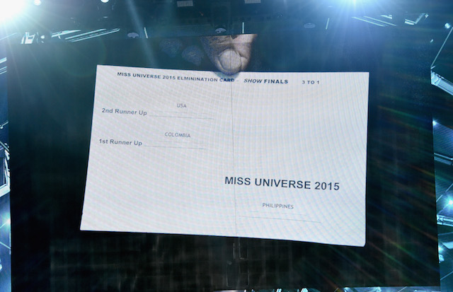 Steve Harvey shows the card that had the correct winner of the Miss Universe 2015 title