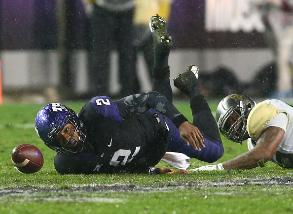 TCU quarterback Trevone Boykin fumbles against Baylor in the second quarter at Amon G. Carter Stadium in Fort Worth Texas on Friday Nov. 27 2015