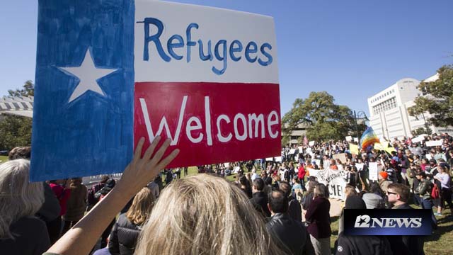 A group gathered at Wooldridge Park in Austin on Nov. 22 2015 to protest Gov. Greg Abbott's decision not to accept refugees from Syria