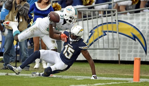 San Diego Chargers wide receiver Dontrelle Inman right is tackled by Miami Dolphins free safety Michael Thomas during the first half in an NFL football game Sunday Dec. 20 2015 in San Diego