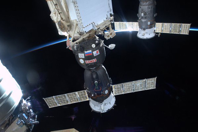 The Soyuz spacecraft docked to the ISS. Pic Tim Peake