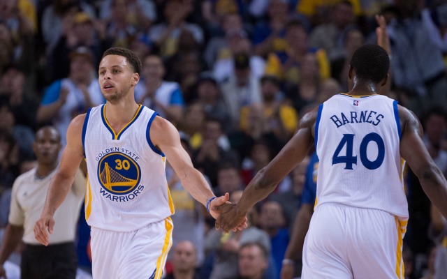 Oakland CA USA Golden State Warriors guard Stephen Curry celebrates with forward Harrison Barnes against the Portland Trail Blazers during the first quarter at Oracle Arena. Mandatory Credit Kyle Terada-USA TODAY Sports