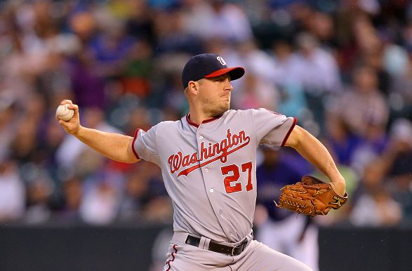 DENVER CO- AUGUST 18 Starting pitcher Jordan Zimmermann #27 of the Washington Nationals delivers to home plate during the first inning against the Colorado Rockies at Coors Field