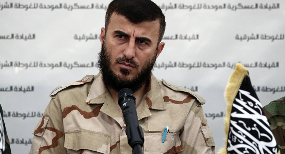 Zahran Alloush the leader of Jaysh al Islam and military leader of the Islamic Front attends a press conference with other brigade leaders in the rebel-held Eastern Ghouta region outside the capital Damascus