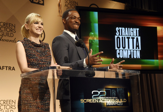 Actors Anna Faris left and Anthony Mackie announce the cast of'Straight Outta Compton as nominees for Outstanding Performance by a Cast in a Motion Pictu