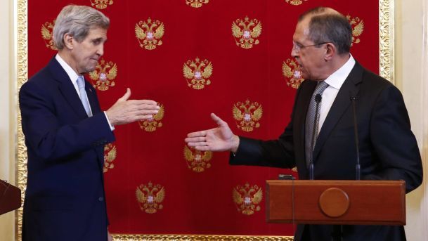 U.S Secretary of State John Kerry shakes hands with Russian Foreign Minister Sergei Lavrov at the Kremlin