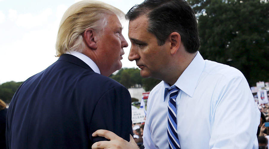 U.S. Senator Ted Cruz  greets businessman Donald Trump